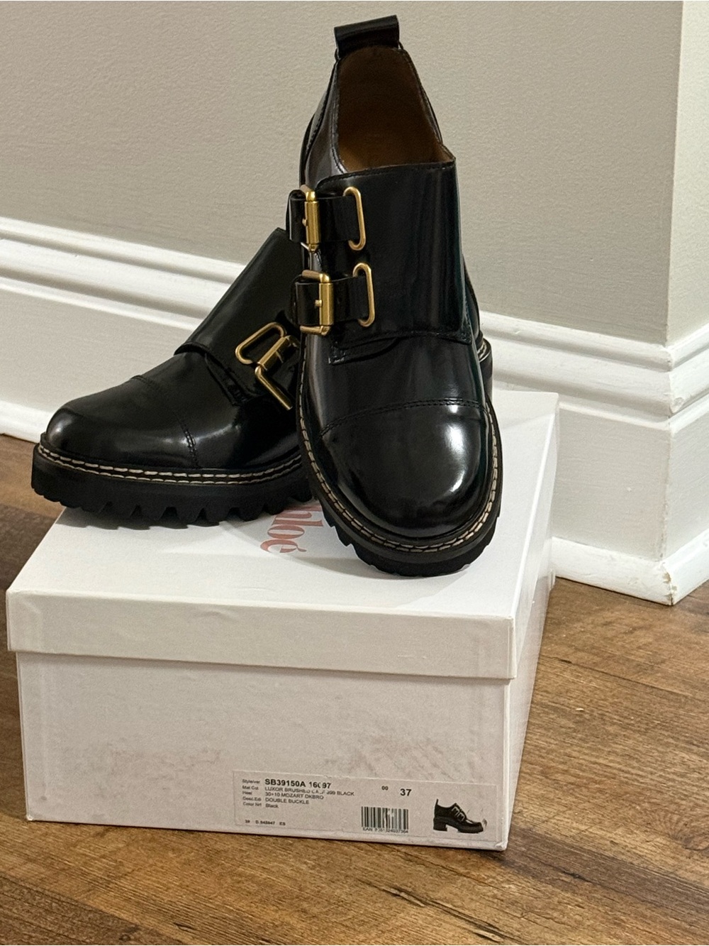 See By Chloe Black Patent Leather Double-Buckle Loafers